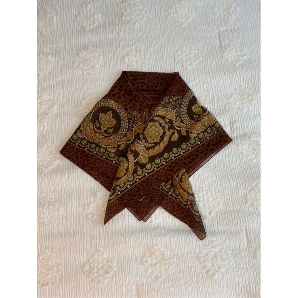 Vintage Baroque Leopard Print Square Scarf Gold Green Brown Animal Print 34x34